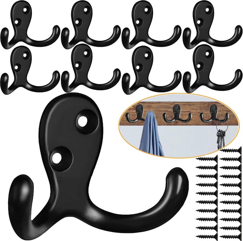 MsBong Coat Hooks Hardware, 10Pcs Wall Hooks Heavy Duty Hooks for Hanging Coats No Rust Double Robe Hook Wall Mounted for Key Towel Bags Cup Hat (Black) - Image 1